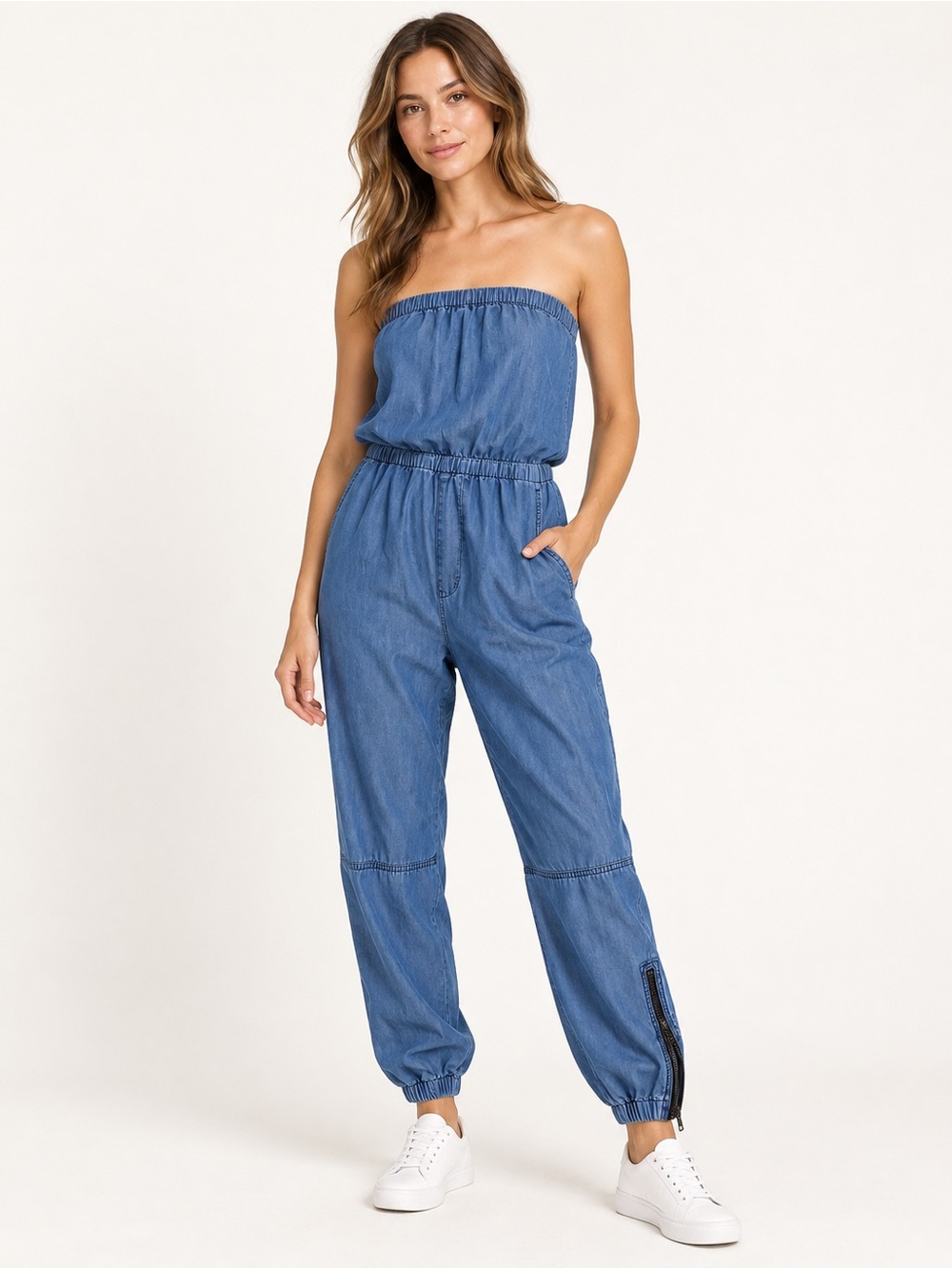 bebe Blue Strapless Chambray Jogger Jumpsuit Size Small